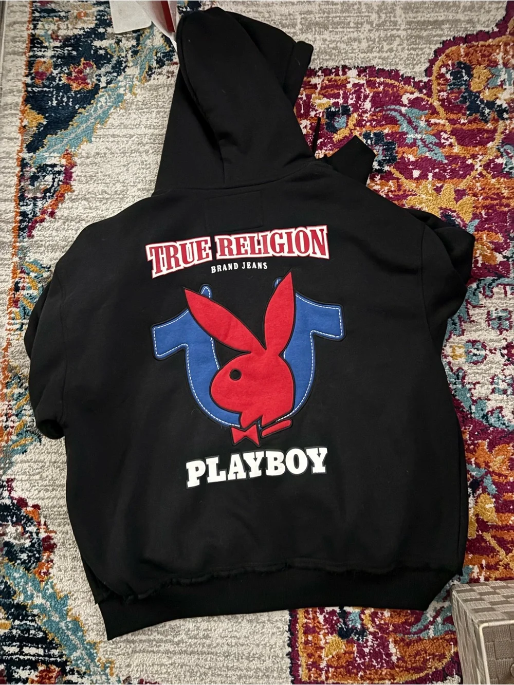 True Religion Black Zip-Up Hoodie with Red Playboy Logo